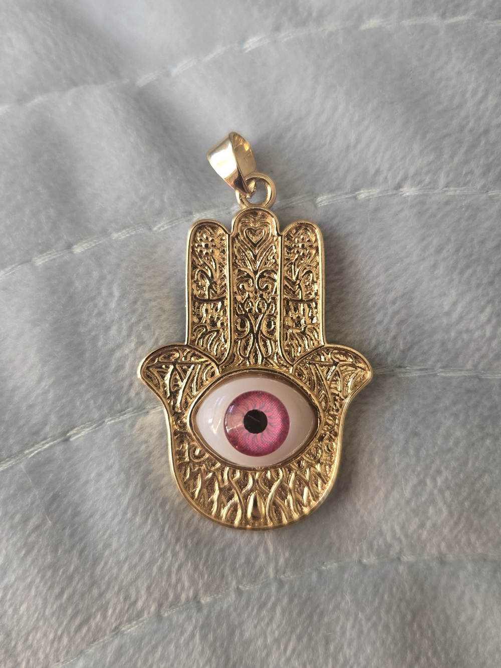 Tarnish Free Gold Plated Brass Hamsa Hand Pendant with Realistic Pink Evil Eye